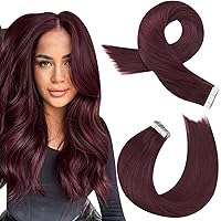 Moresoo Tape in Human Hair Extensions Burgundy Seamless Hair Extensions Tape in Wine Red Real Hair Tape in Extensions Burgundy Tape in Real Hair Extensions 10 Inch #99J 20pcs 30g