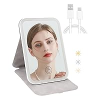 Rechargeable Travel Makeup Mirror with 80 LED Lights, Portable Lighted Makeup Mirror, 3 Color Dimmable Lighting Vanity Mirror, 360° Rotation Touch Screen Compact Tabletop Folding Cosmetic Mirror Mini