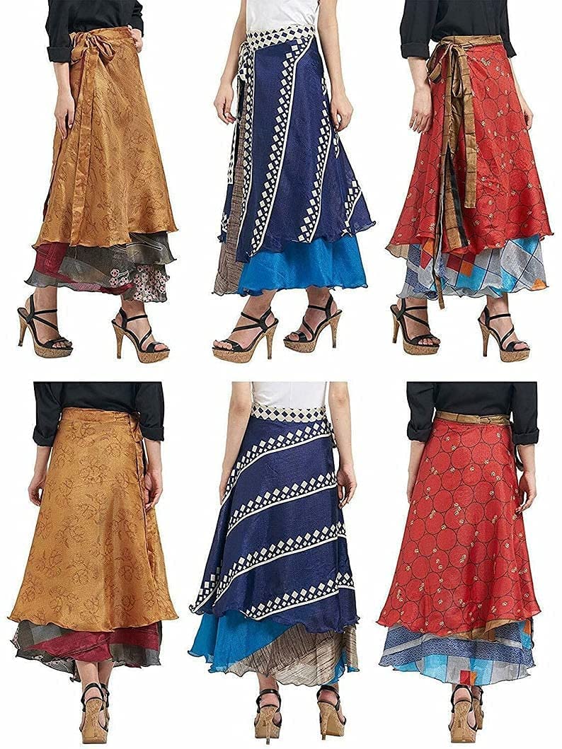 Indian Vintage Long Silk Wrap Skirts - Set of 5 Multicolored