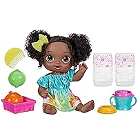 Fruity Sips Doll, Lime, Toys for 3 Year Old Girls, 12-inch Baby Doll Set, Drinks & Wets, Pretend Juicer, Kids 3 and Up, Black Hair