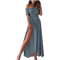 Women's Bohemian Flowy Round Neck Trendy Dress Swing Casual Summer Short Sleeve Long Floor Maxi Print Beach Green