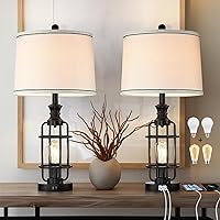 26.3”Table Lamps Set of 2 with USB Charging Ports,Farmhouse Bedside Nightstand Lamp with Rotary Switch,Rustic Reading Lamps Industrial Desk Lamps for Bedroom Living Room,Bulbs Included
