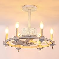 Chandelier Fan with Light White, 7 Blades Industrial Ceiling Fan with Light and Remote Control, 3-Speed Reversible Low Profile Farmhouse Fandelier for Bedroom Dining Room Living Room Kitchen