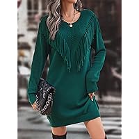 Women's Fashion Dress -Dresses Fringe Trim Sweater Dress Sweater Dress for Women (Color : Dark Green, Size : Medium)