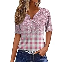Basic Long Sleeve School Shirt Ladies Plus Size Independence Day V Neck Regular Tee Women Button Geometric Pink L