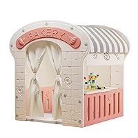 UNICOO Kids Cottage Playhouse, Kids Fun Bakery Shop, Toddler Indoor Playhouse with Lego Table & Storage Bin (Pink)