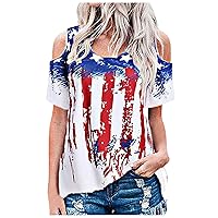 Women's Summer T Shirts Fashion Off Shoulder Star American Flag Print Shirt Casual Top Blouse Plus Size Tops, S-5XL