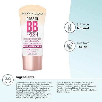 Maybelline New York Dream Fresh Skin Hydrating BB cream, 8-in-1 Skin Perfecting Beauty Balm with Broad Spectrum SPF 30, Sheer Tint Coverage, Oil-Free, Light/Medium, 1 Fl Oz