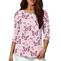 Fashion Womens 3/4 Sleeve Tops with Buttons Long Sleeve T-Shirts Casual Tunic Tops Trendy Blouse for Girls Clothes
