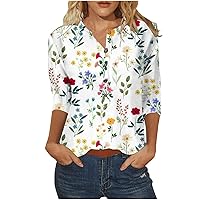 Womens 2024 Summer Tops Floral Printed Casual Button Round Neck 3/4 Sleeve Tshirts Ladies Loose Blouse Tunic Tops