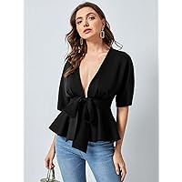 Women's Tops Women's Shirts Sexy Tops for Women Plunging Neck Tie Waist Peplum Top (Color : Black, Size : X-Large)
