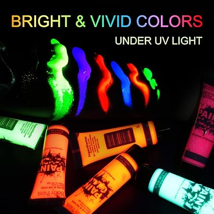 GARYOB Glow in Dark Face Body Paint UV Blacklight Neon Fluorescent 0.34oz Set of 6 Tubes