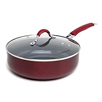 Nonstick Ceramic Deep Cooker, Dishwasher Safe, Scratch Resistant, Easy Food Release Interior, Cool Touch Handle and Even Heating Base, 4-Quart Jumbo Cooker, Red