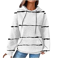 Waffle Hoodies for Women Oversized Striped Sweatshirts Workout Hooded Pullover Tops Sweaters Fall Fashion Outfits