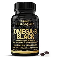 FREZZOR Omega 3 Black for Joint Care & Comfort - New Zealand Green Lipped Mussel Oil Capsules; 53x Higher Potency with UAF1000+ Super Antioxidant, No Fishy Aftertaste, 450mg, 1-Pack, 60 Softgels