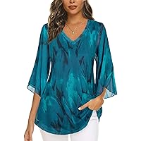 BEPEI Women's Tops 3/4 Sleeve Dressy Casual Blouses V Neck Double Layers Shirts
