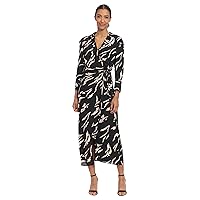 Donna Morgan Women's Petite Long Sleeve Midi Wrap Dress, Black/Blush