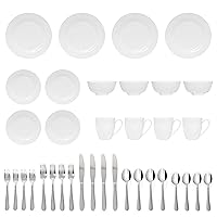Bone China 36 Piece Kitchen Dinnerware Set, Dishes Set for 4, Dinner Salad Plates, Bowls, Cups and Stainless Steel Cutlery Set, White, Microwave Safe Chip Resistant, Translucent Elegant giftware