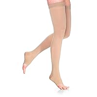DYNAVEN by Sigvaris Women's Compression Thigh-Highs 20-30mmHg - Open Toe & Grip-Top Design for Enhanced Support - Medium Long - Light Beige