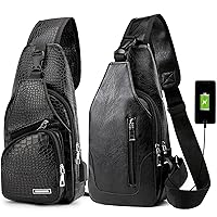 Peicees Pack of 2 Leather Sling Bag Mens Crossbody Bag Chest Bag Sling Backpack for Men with USB Charge Port, Crocodile Grained Black & Vertical Zipper Black
