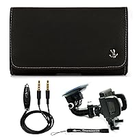 Xolo Q700 Club Belt Loop Holster, Premium Black Leather Pouch Case Holder (SAM331) and Windshield Car Mount and AUX Cable