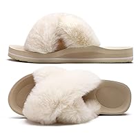 COFACE Womens Fuzzy Slides Fluff Faux Fur Cross Slippers Open Toe Yoga Mat House Slippers Sandals With Arch Support For Indoor/Outdoor