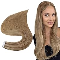 Full Shine Tape in Human Hair Extensions Color 10 Fading to 16 Golden Blonde Highlight 16 Double Sided Tape Hair Tape in Remy Hair Straight Hair Extensions 16inch Tape ins 50G 20 Pcs