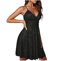 Women's Sexy Sequin Sparkly Gitter Bodycon Dress Spaghetti Straps Wrap V-Neck Ruched Party Club Flowy Mini Dresses