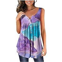 Women Retro Marble Print Button Henley Tunic Tank Tops Summer Sleeveless V-Neck Casual Loose Fit Fashion T-Shirts