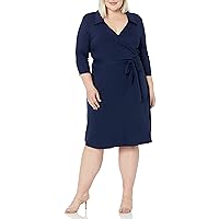 Star Vixen Women's Plus-Size 3/4 Sleeve Fauxwrap Dress, Navy Solid, 1X