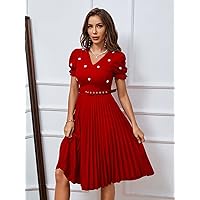 Summer Dresses for Women 2022 Pearl Beaded Puff Sleeve Pleated Hem Belted Dress (Color : Red, Size : X-Small)