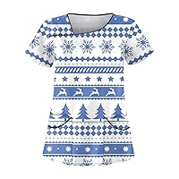 Women's Large Size Printed Work Uniform Top V Neck Short Sleeve Pullover Christmas T-Shirt Work Wear, S-4XL