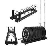 Signature Fitness Horizontal Plate and Olympic Bar Rack Organizer with Steel Frame and Transport Wheels