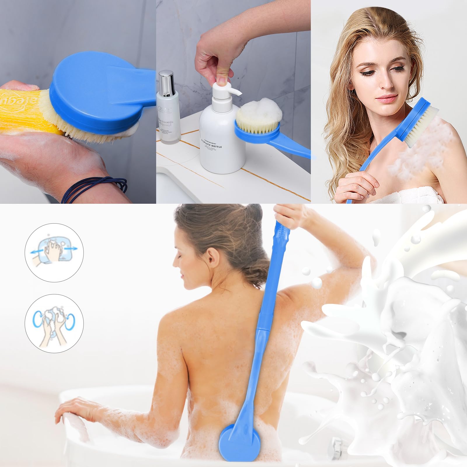 Back Brush Long Handle for Shower, 20.5” Bath Brush, Back Scrubber, Shower Body Brush with Curved Handle for Elderly Disabled, Limited Mobility, Frozen Shoulder,Men and Women(Blue)