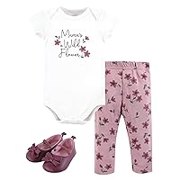 Hudson Baby Unisex Baby Cotton Bodysuit, Pant and Shoe Set, Plum Wildflower, Newborn