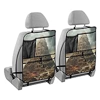 Vintage Tower Of Babel Kick Mats Back Seat Protector Waterproof Car Back Seat Cover for Kids Backseat Organizer with Pocket Dirt Scratches Mud Protection, 2 Pack, Car Accessories