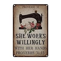 Sewing Machine with Flower Metal Plaque Tin Sign She Works Willingly with Her Hands Metal Art Sign Craft Room Decor Metal Sign Seamstress Sewing Machine French Vintage Retro Metal Signs