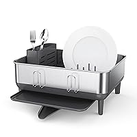 Compact Kitchen Dish Drying Rack With Swivel Spout, Fingerprint-Proof Stainless Steel Frame, Grey Plastic