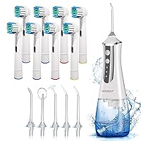 Water Dental Flosser Cordless and 8 Pcs Replacement Toothbrush Heads