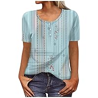 Women's New Button V-Neck Fashion Print Short Sleeve Retro Print T-Shirt Slim Top Casual Loose Comfortable Tops