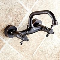 Water Bibcock Faucets,Kitchen All Pull Wire in-Wall Double Handle Basin Faucet Rural European Style Retro Wall Mounted Washbasin Cold Heat Rotate Water-Tap/Black