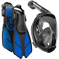 COZIA DESIGN Snorkeling Gear for Adults with Fins - Full Face Snorkel Mask and Swim Fins, 180° Panoramic View Snorkel Mask, Anti Fog and Anti Leak Adult Snorkel Set