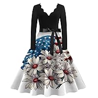 Fourth of July Outfit Women Dress July 4th Dress for Women 2024 American Flag Retro Print A Line with Waistband Long Sleeve V Neck Tunic Dresses White 4X-Large
