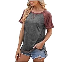 Womens Raglan Sleeve Tops Short Sleeve Trendy Shirts Color Block Tunic Tshirt Crewneck Summer Casual Blouses Tee