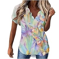 Workout Tank Top Floral Printed Short Sleeve V Neck Tee Loose Workout Work Blouses for Women Fashion 2022