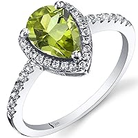 PEORA Peridot Teardrop Halo Ring for Women 14K White Gold with White Topaz, Natural Gemstone Birthstone, 1.25 Carats Pear Shape 9x6mm, Sizes 5 to 9