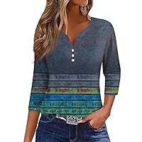 3/4 Length Sleeve Womens Tops, Henley Button Down V Neck Summer Shirts Blouses Dressy Fashion Print Clothes Tees