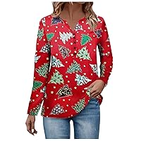 Womens Christmas Shirts Oversized Long Sleeve Tees Henley Neck Graphic Tops Fall Button Sweatshirt Daily Outfit