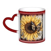 Butterfly and sunflower Print Coffee Mug 13 oz Heat Sensitive Color Changing Mug Cute Ceramic Mug For Women Men