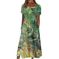 Fall Party Casual Tunic Dress Women Below The Knee Short Sleeve O-Neck Cotton for Women Fit Print with Pockets Green XL